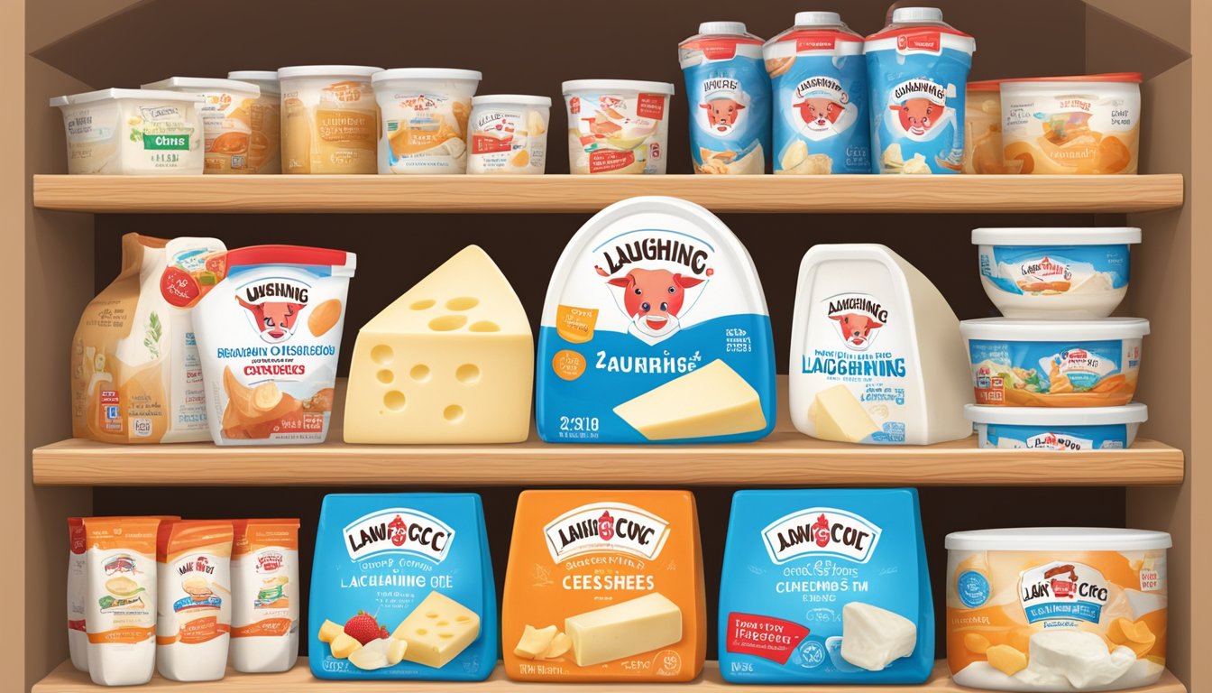 A wedge of Laughing Cow cheese sits on a shelf, surrounded by other dairy products. The expiration date on the packaging is clearly visible