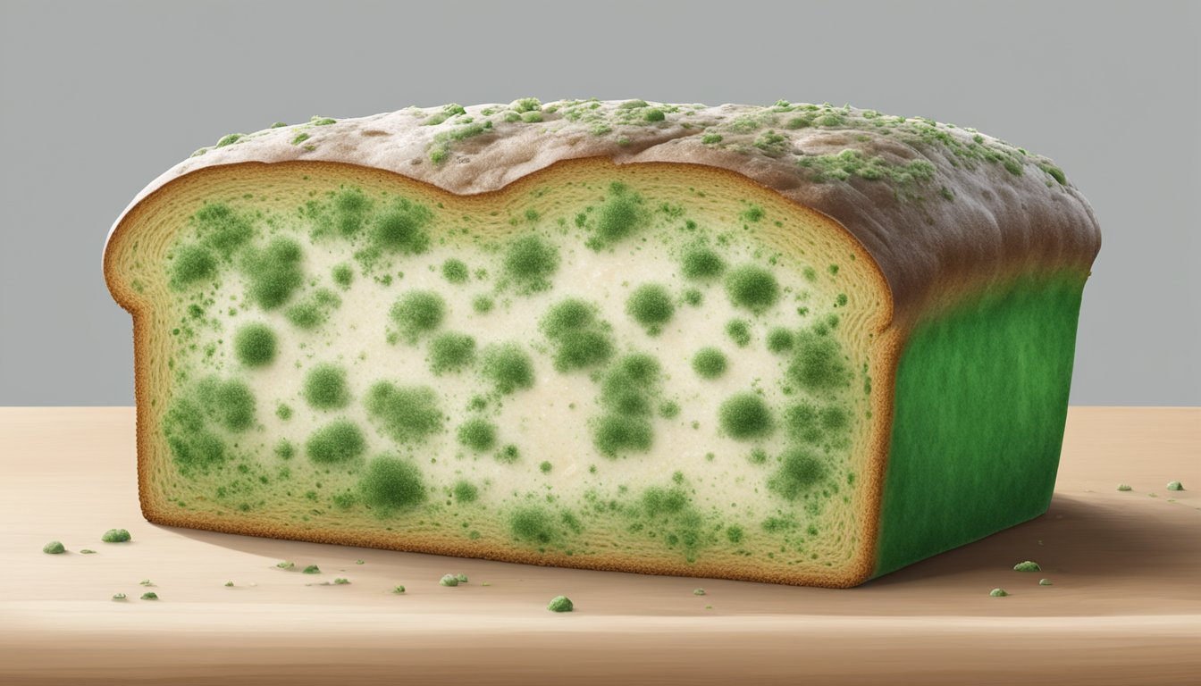 A loaf of Sara Lee bread covered in green and white mold, with visible spores and a musty odor