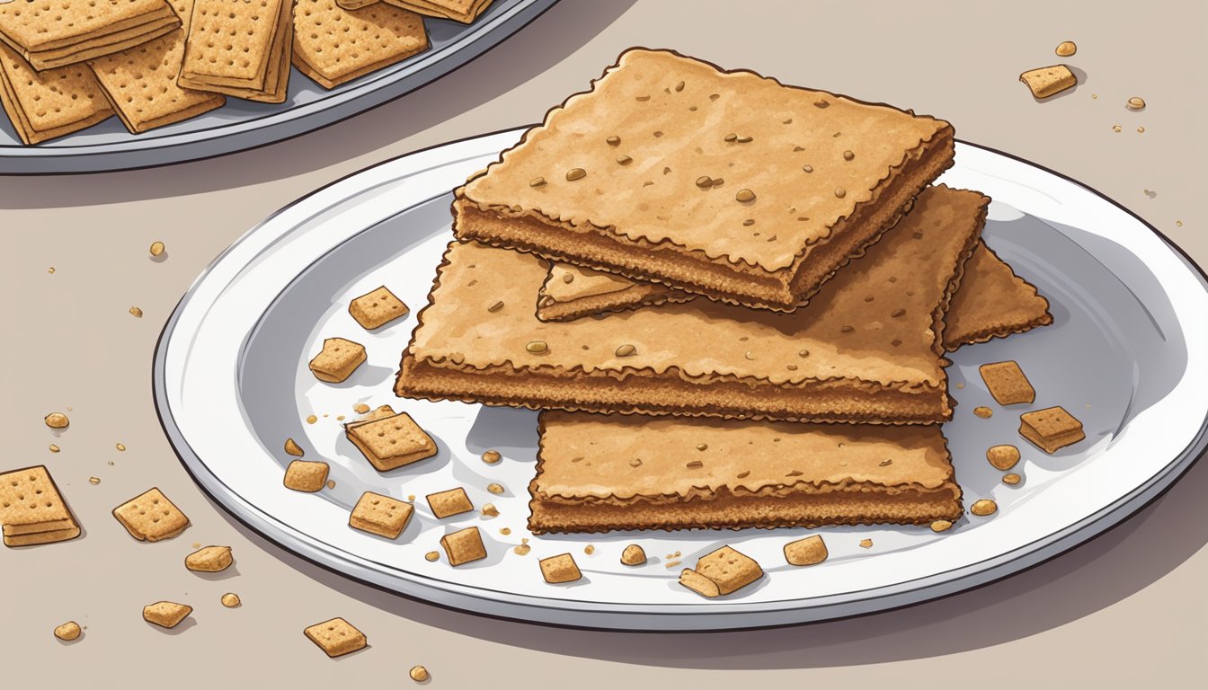 A Keebler Ready Crust graham cracker crust sits on a clean, white plate, surrounded by whole graham crackers and a scattering of crumbs