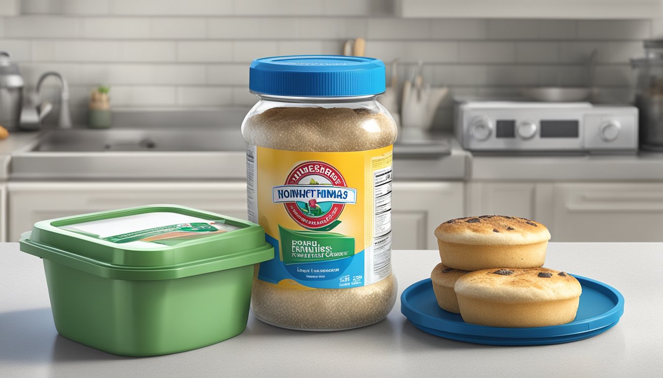 A moldy Thomas English muffin sits on a kitchen counter next to a sealed container of fresh, unopened muffins