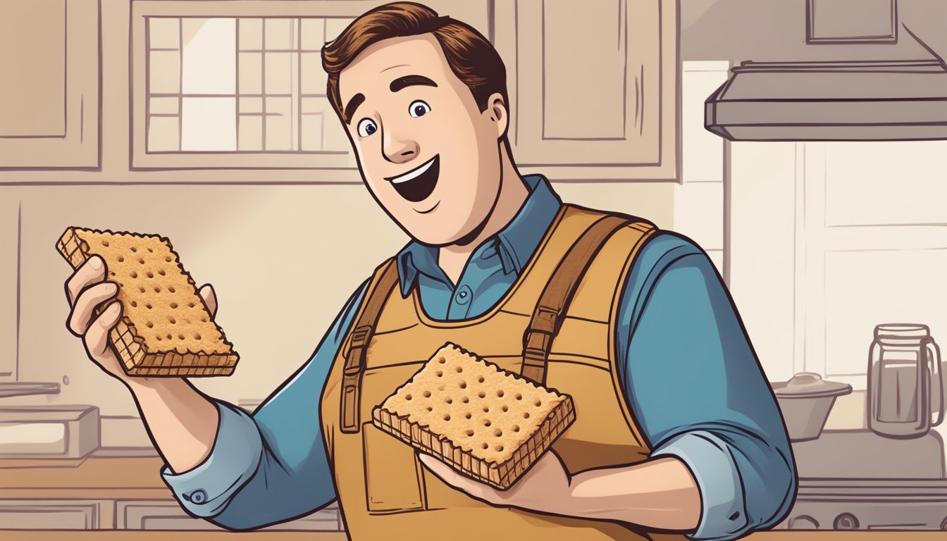 A person holding a keebler ready crust graham cracker crust and looking at it with a questioning expression