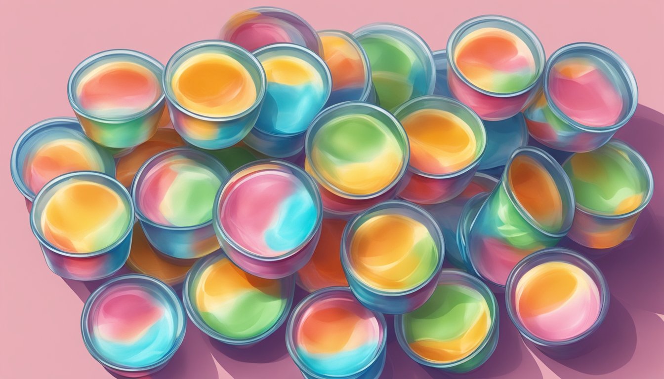 A pile of expired Jell-O pudding cups with visible signs of spoilage, such as mold or discoloration, sitting on a kitchen counter