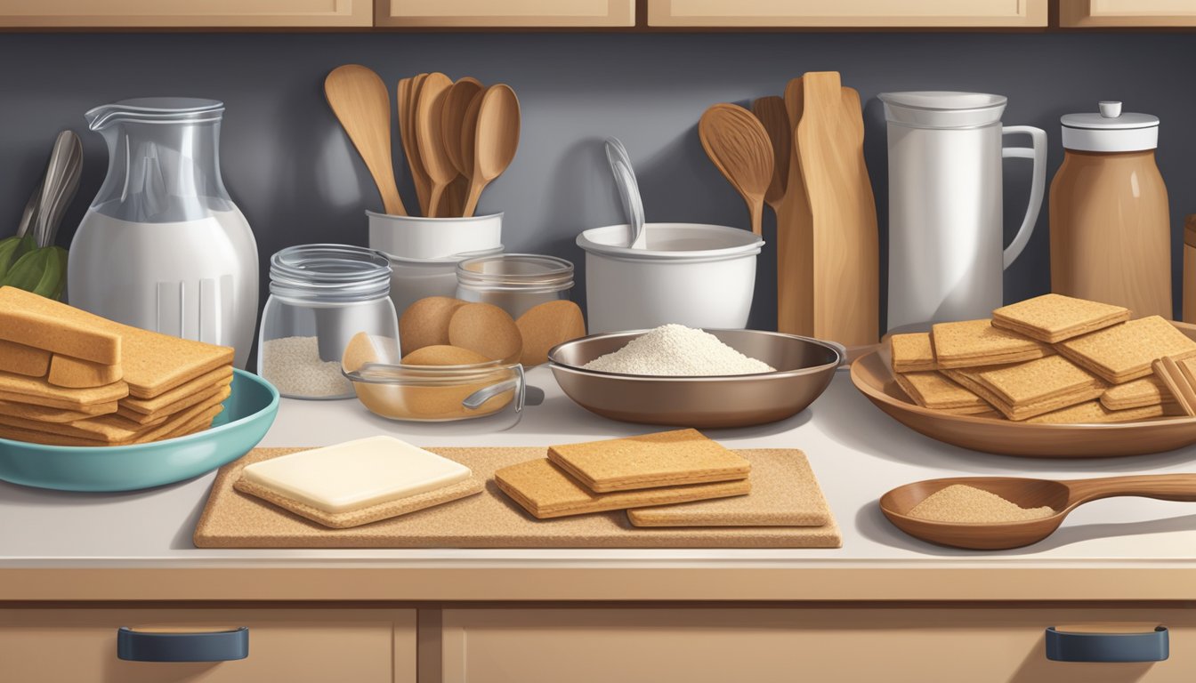 A graham cracker crust sits unopened on a clean, organized kitchen shelf, surrounded by other baking ingredients and utensils