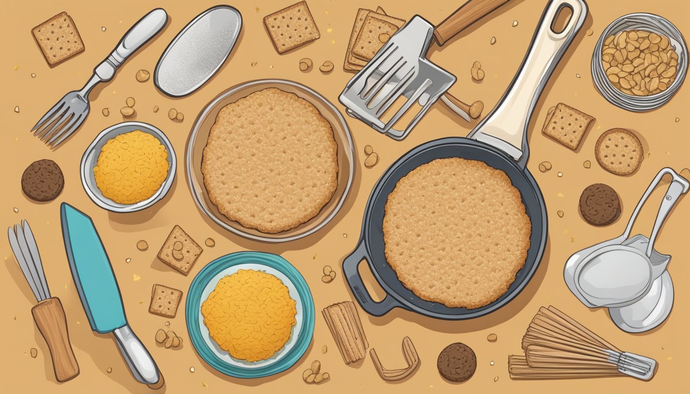 A hand holding a graham cracker crust with a question mark above it, surrounded by various ingredients and kitchen utensils