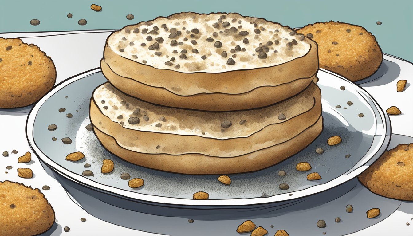 A moldy Thomas' English muffin sits on a plate, surrounded by crumbs