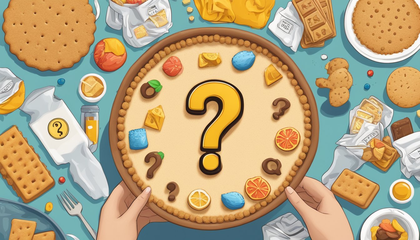 A person holding a graham cracker crust with a question mark above it, surrounded by various food safety symbols and warning signs