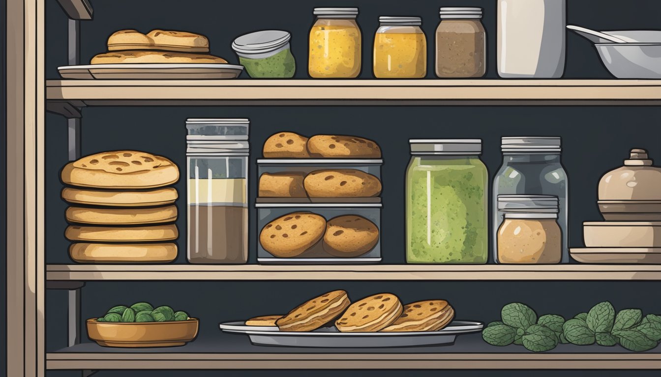 A moldy Thomas' English muffin sits on a shelf next to other food items in a dimly lit pantry