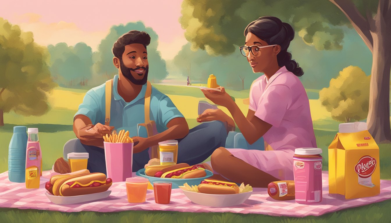 A picnic scene with a grill, pink Oscar Mayer hot dogs, condiments, and a concerned person looking at the hot dogs