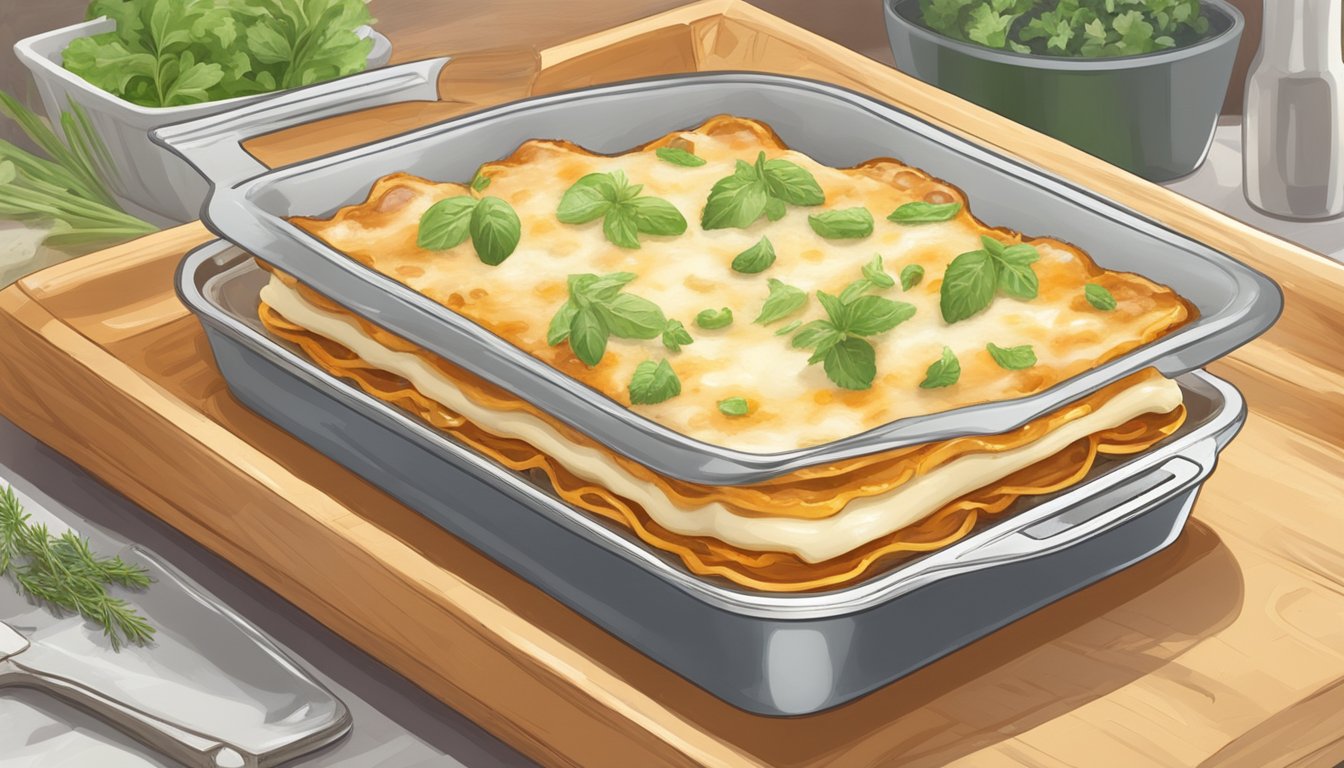 A frozen lasagna sits on a baking sheet, partially cooked with bubbling cheese and golden edges, surrounded by scattered herbs and a steaming oven in the background