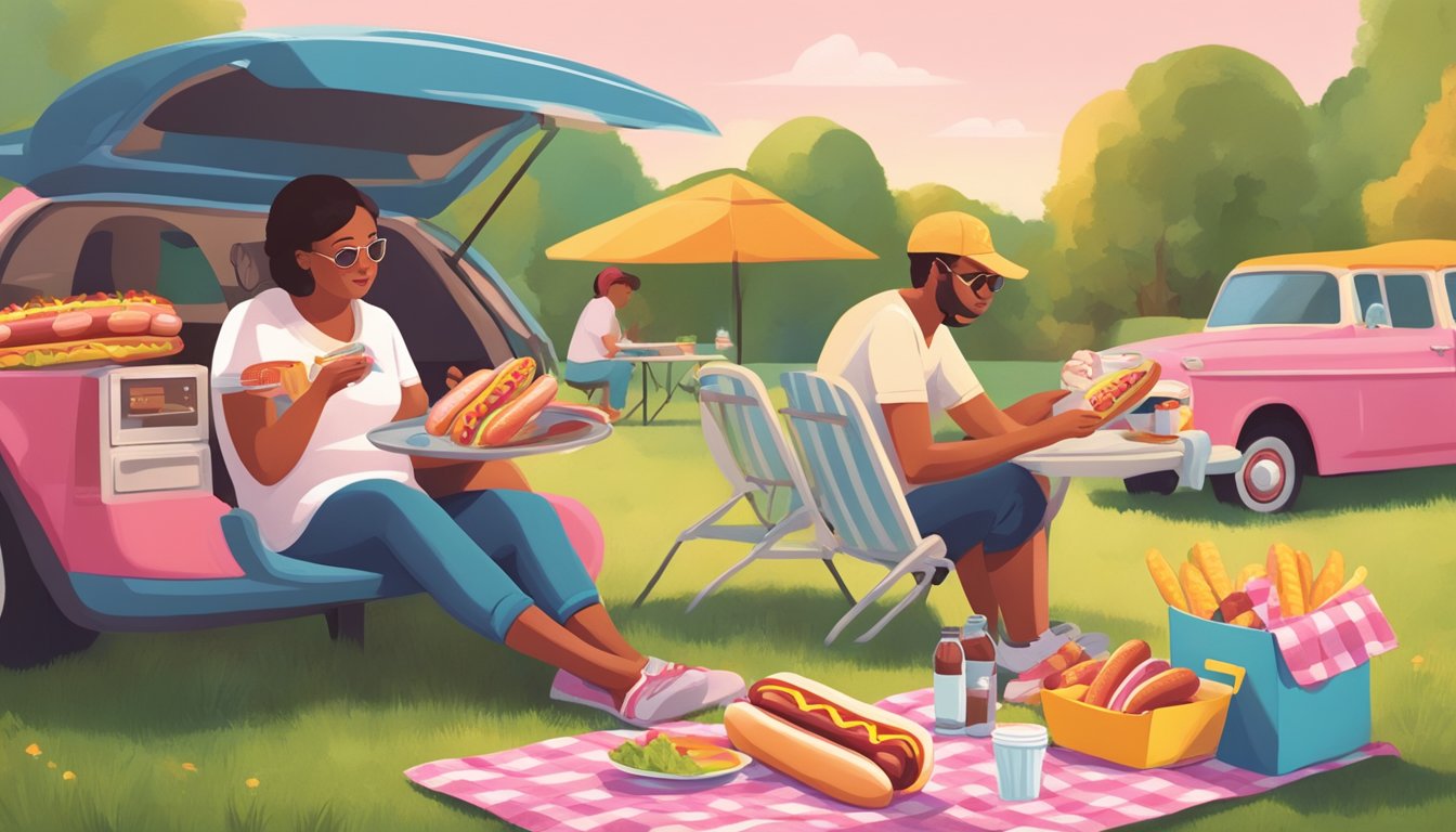 A colorful picnic scene with a checkered blanket, a grill with pink Oscar Mayer hot dogs, and a concerned person reading the label for safety and health considerations