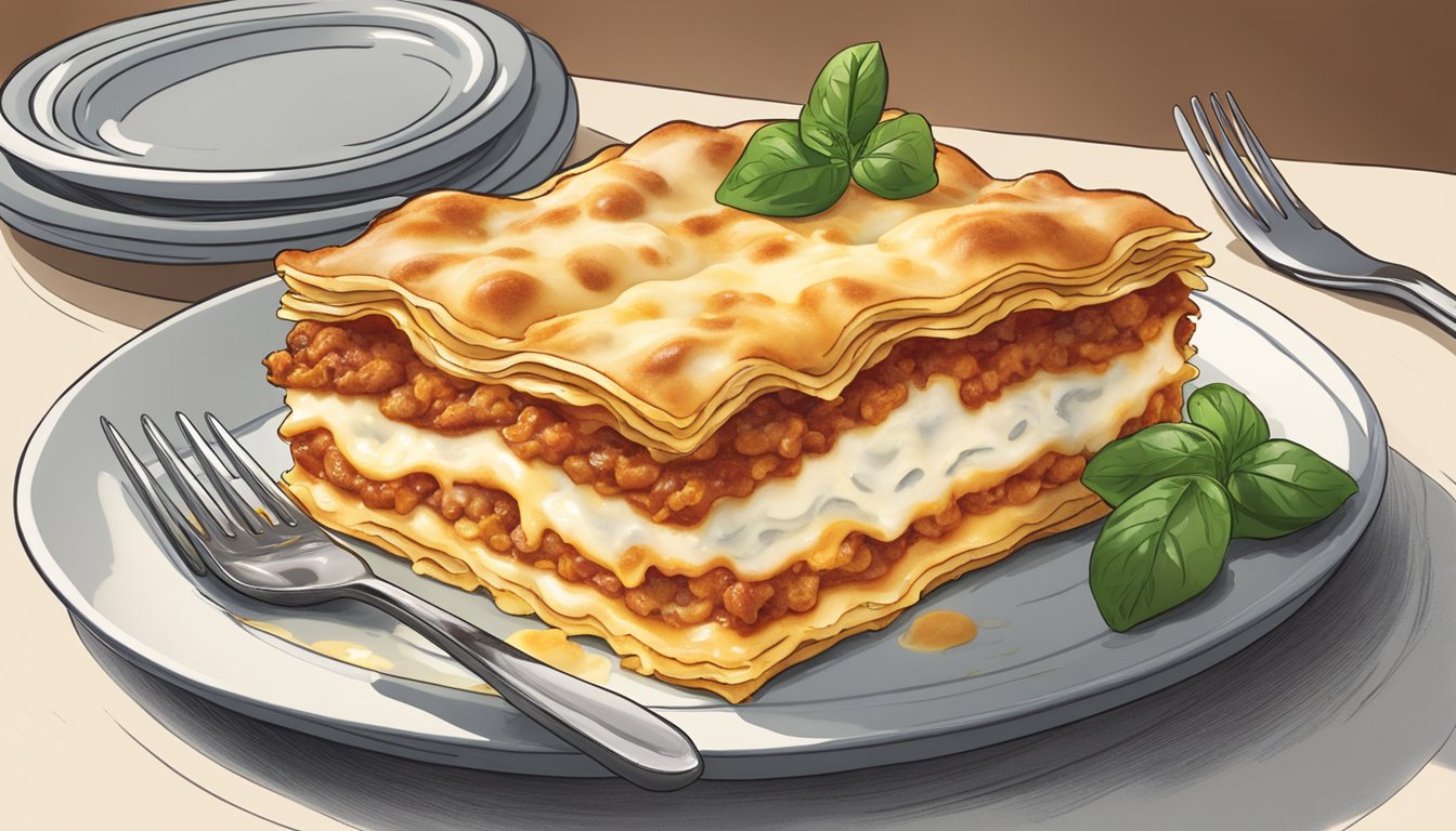 A half-cooked Stouffer's lasagna sits on a plate, steam rising from the dish, with a fork nearby