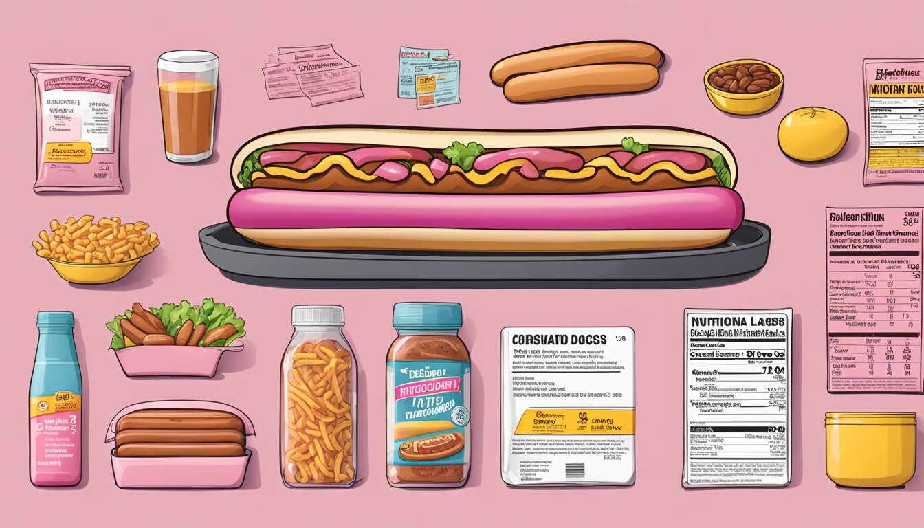 A package of pink Oscar Mayer hot dogs surrounded by various food items and nutritional information labels