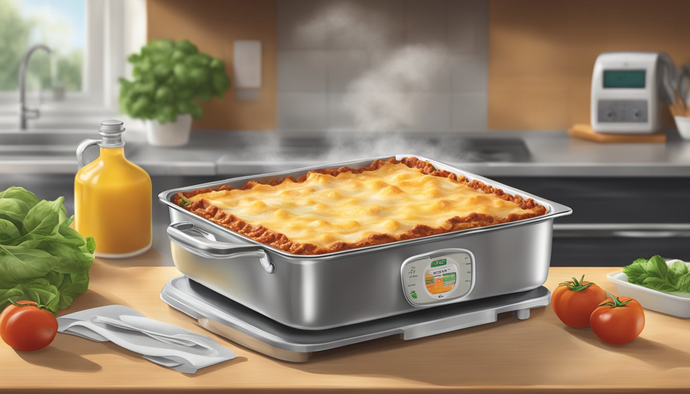 A steaming Stouffer's lasagna sits on a kitchen counter, a thermometer inserted to check its internal temperature