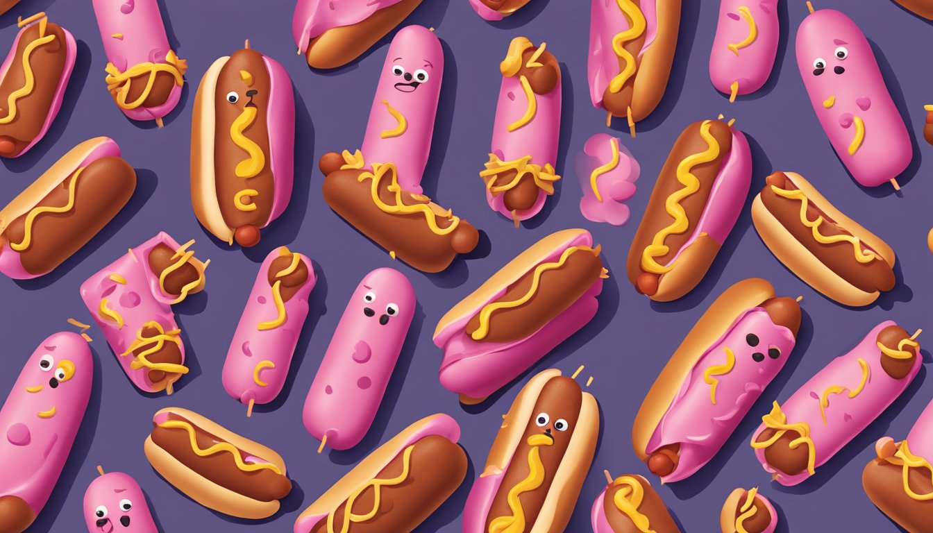 A pack of pink Oscar Mayer hot dogs surrounded by question marks and concerned faces