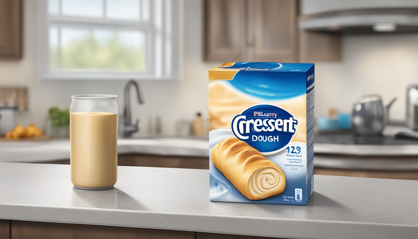 A tube of Pillsbury crescent roll dough sits unopened on a clean kitchen counter next to a refrigerator