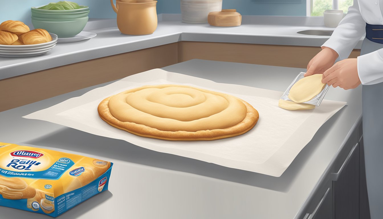 A clean kitchen counter with a package of Pillsbury Crescent Roll dough being carefully unwrapped and placed on a baking sheet