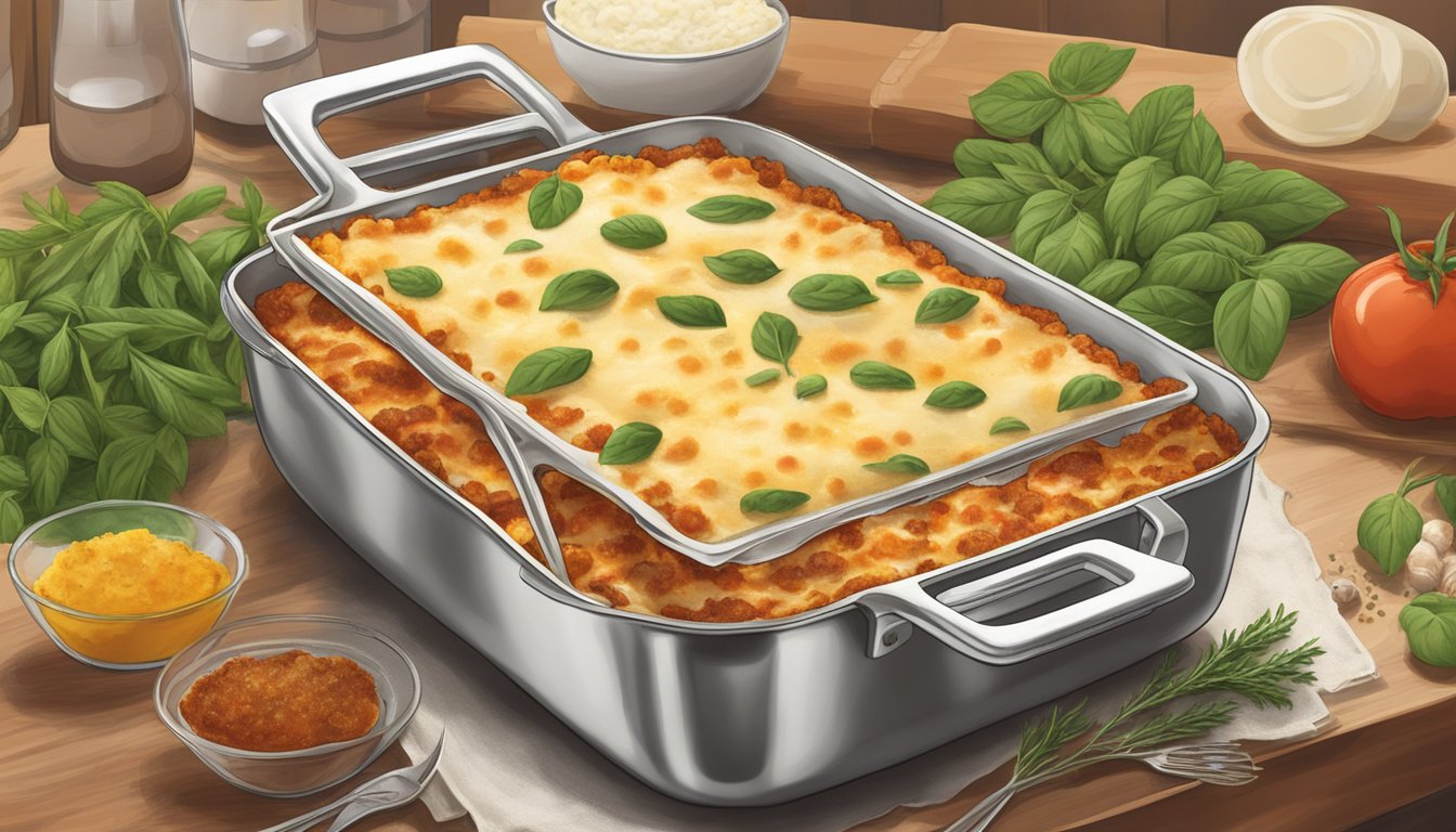 A bubbling Stouffer's lasagna sits in a preheated oven, surrounded by scattered herbs and spices