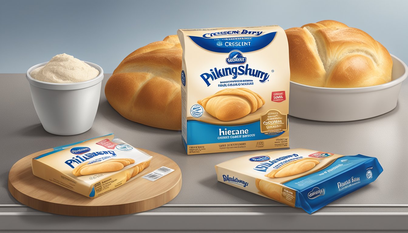 A Pillsbury crescent roll dough package with a warning label sits next to a baking sheet and oven