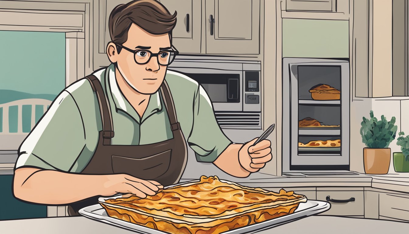 A person inspecting a slice of undercooked Stouffer's lasagna with a concerned expression