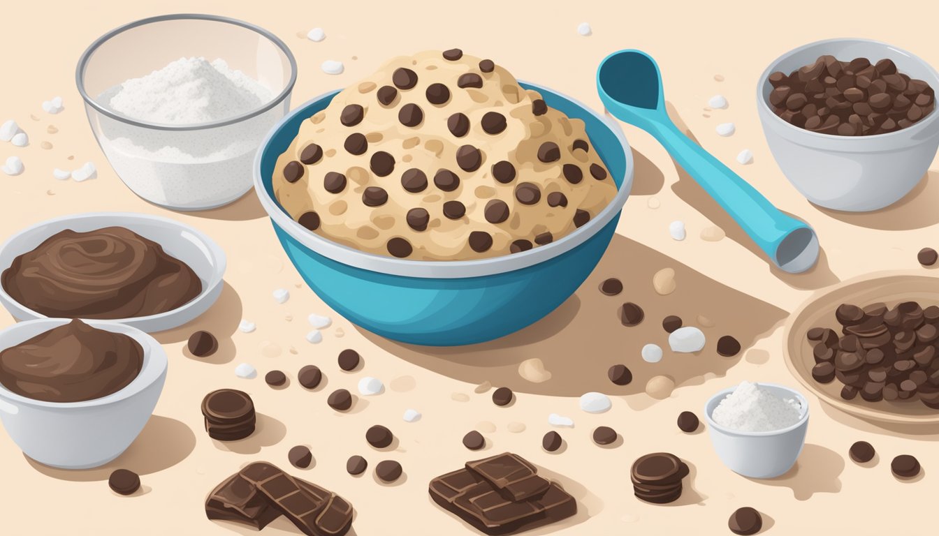 A mixing bowl filled with raw cookie dough, surrounded by scattered chocolate chips and a measuring cup of flour