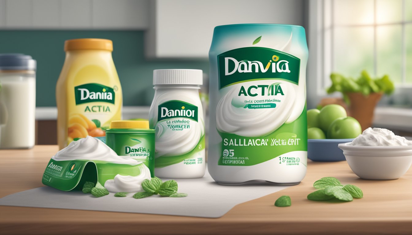 A carton of expired Dannon Activia yogurt sits on a kitchen counter, surrounded by a calendar and a confused expression