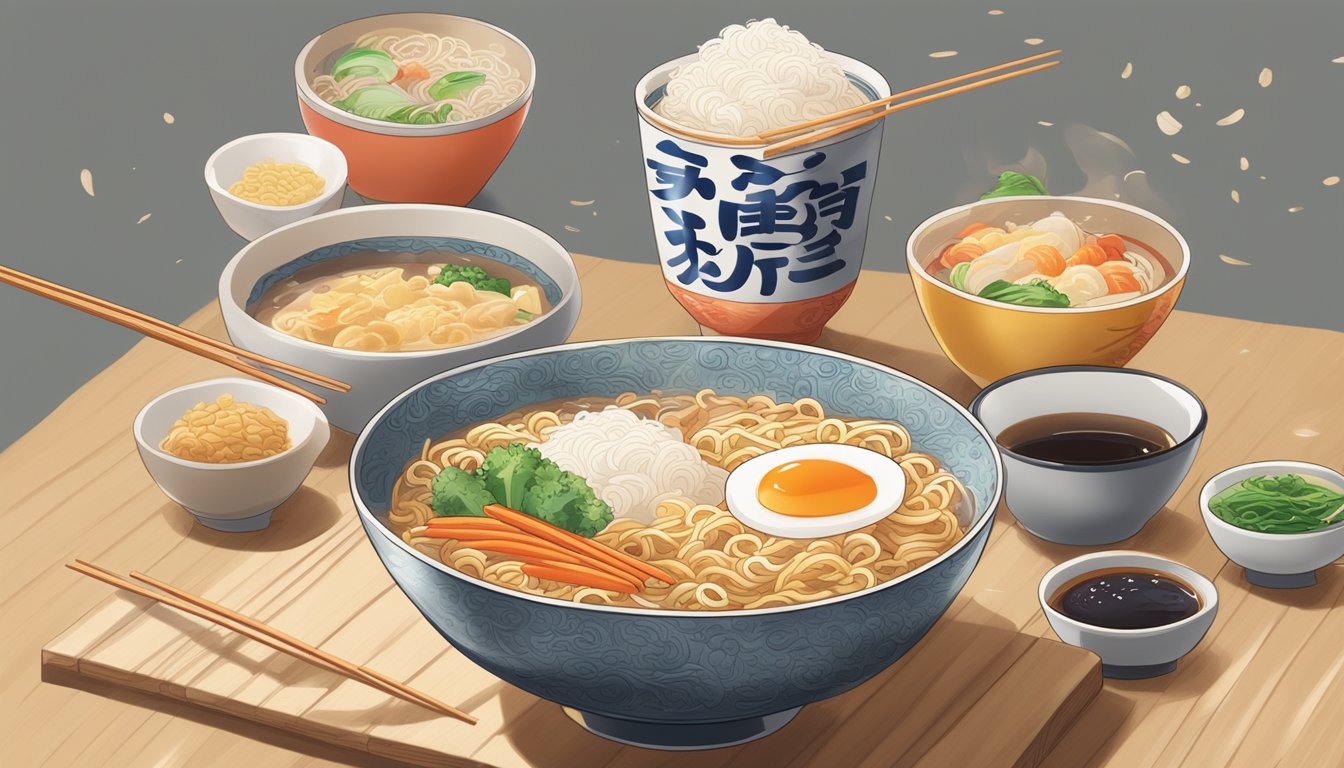 A steaming cup of Nissin ramen sits on a table, surrounded by scattered ingredients and a pair of chopsticks