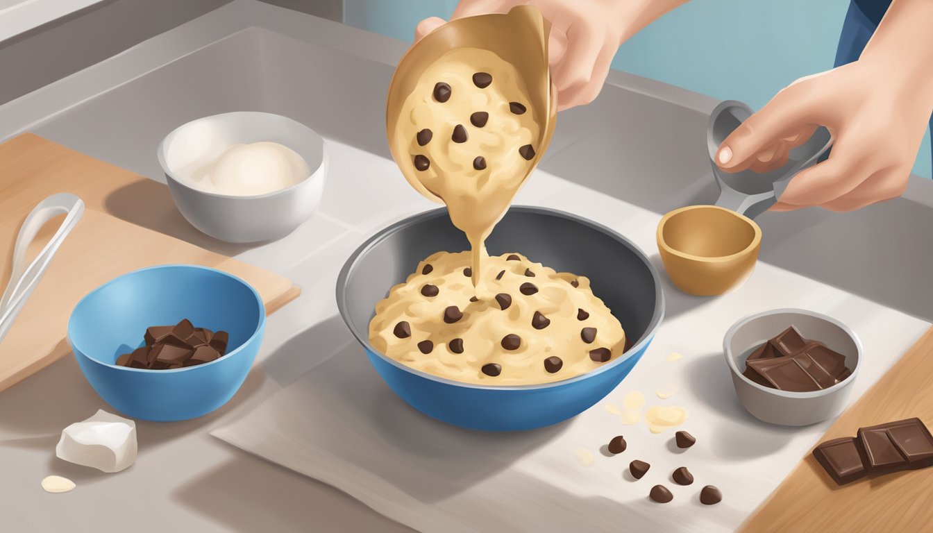 A person preparing cookie dough with a mixing bowl, bag of Toll House chocolate chips, and a wooden spoon on a clean kitchen counter