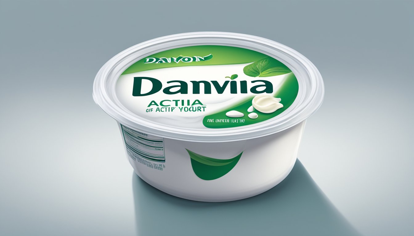 A container of expired Dannon Activia yogurt with visible signs of spoilage, such as a bloated or bulging lid, off-color or curdled yogurt, and a sour or unpleasant odor