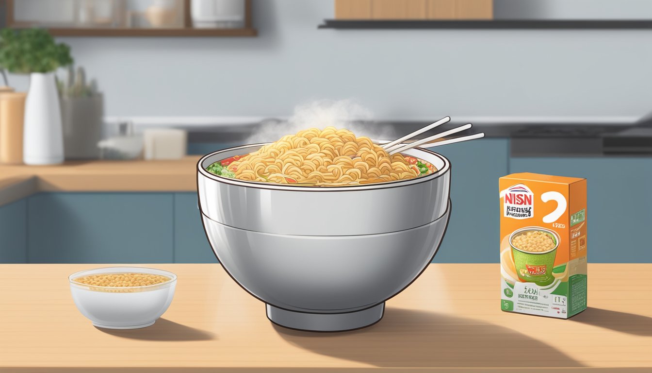 A steaming cup of Nissin cup noodles sits on a counter with a timer set for three minutes