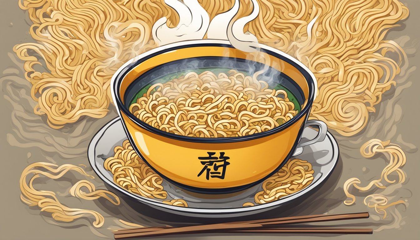 A steaming cup of undercooked instant noodles with a warning symbol