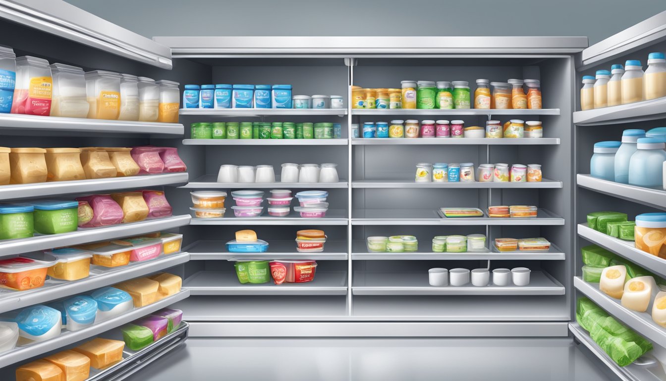 A refrigerator shelf with a variety of yogurt containers, some opened and others sealed, with a visible expiration date on the packaging