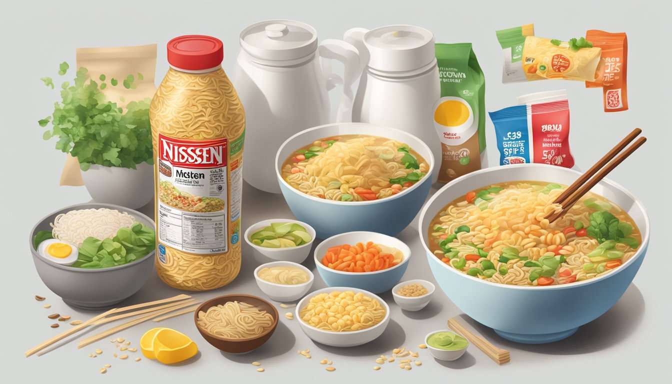 A steaming cup of Nissin Cup Noodles sits on a kitchen counter, surrounded by scattered ingredients and a nutrition label