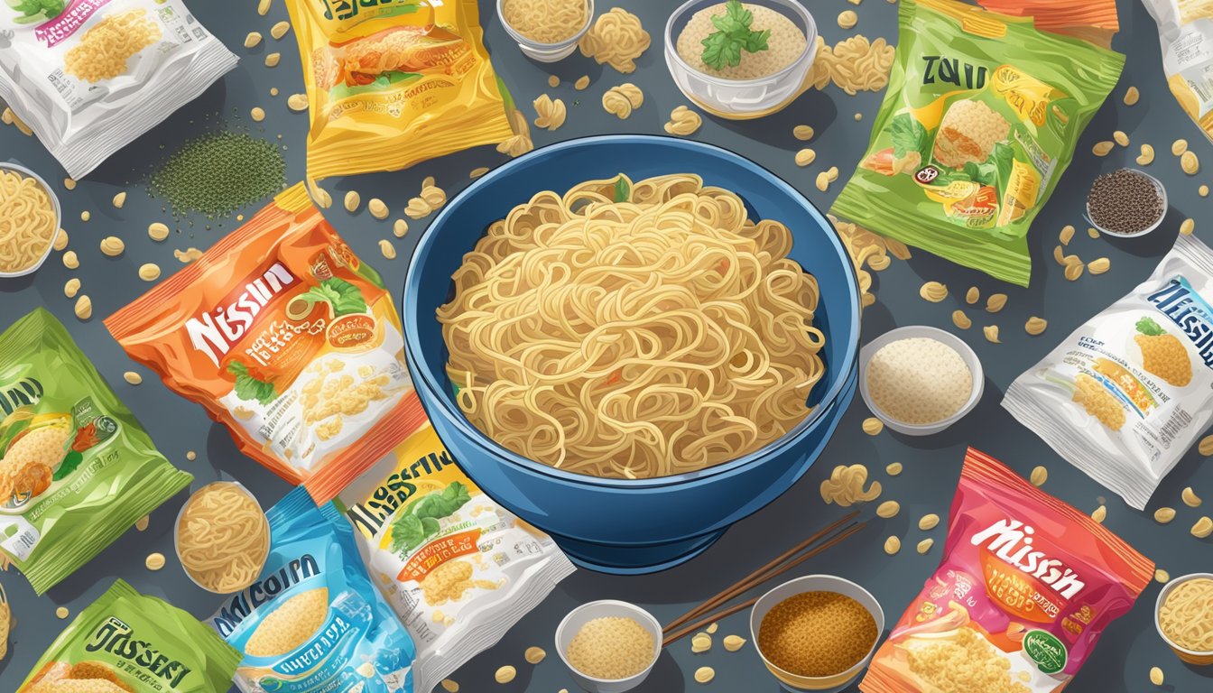 A steaming cup of uncooked Nissin noodles sits on a table, surrounded by scattered seasoning packets and a questioning look