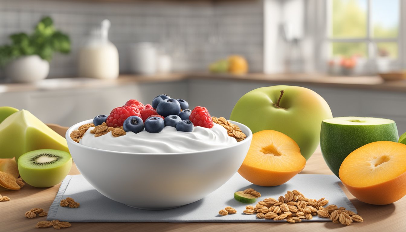 A bowl of expired Dannon Activia yogurt sits on a kitchen counter, surrounded by various fruits and granola, illustrating the nutritional benefits of yogurt