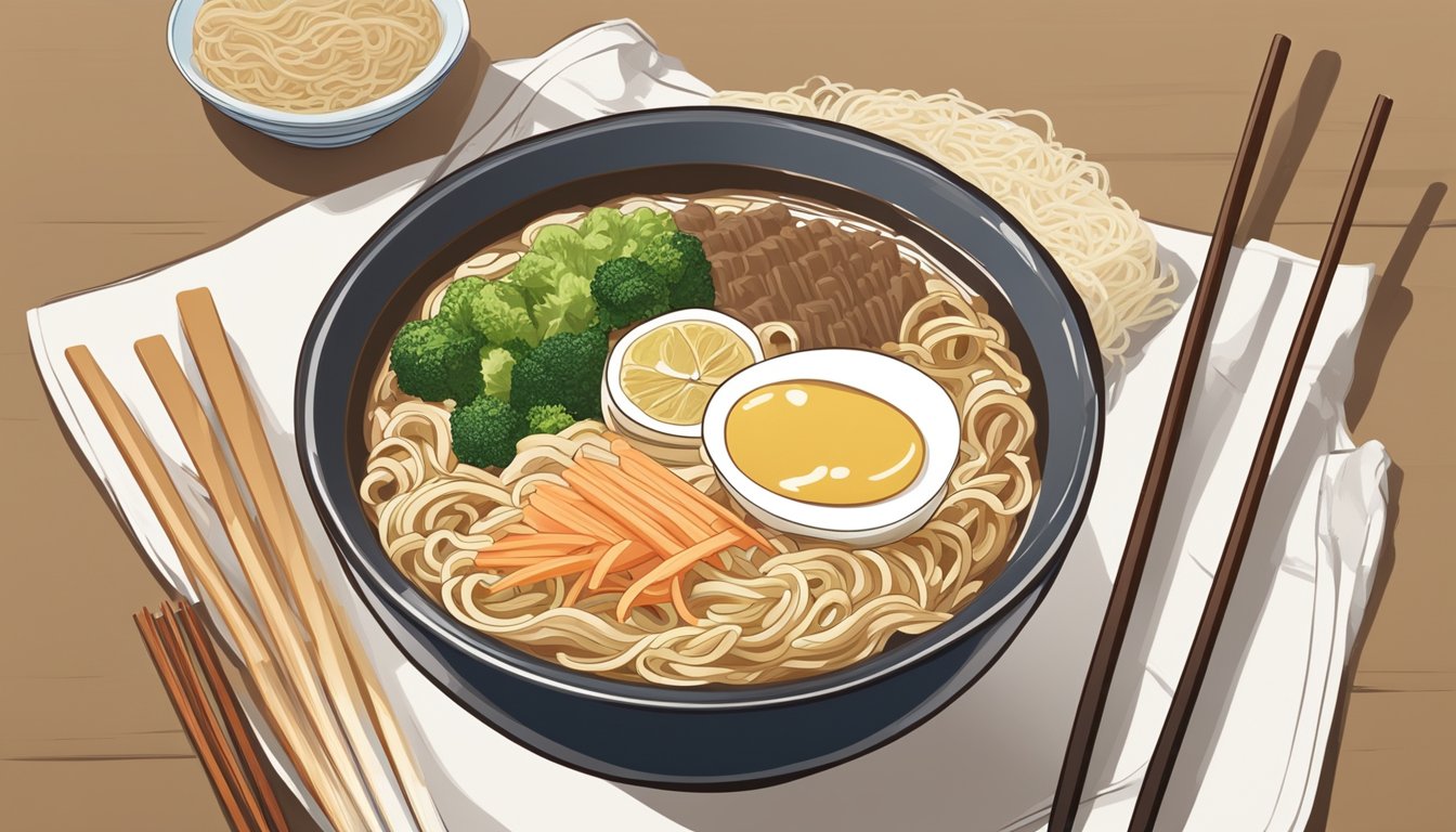 A steaming cup of Nissin ramen sits on a table, surrounded by chopsticks, a spoon, and a bowl of fresh vegetables