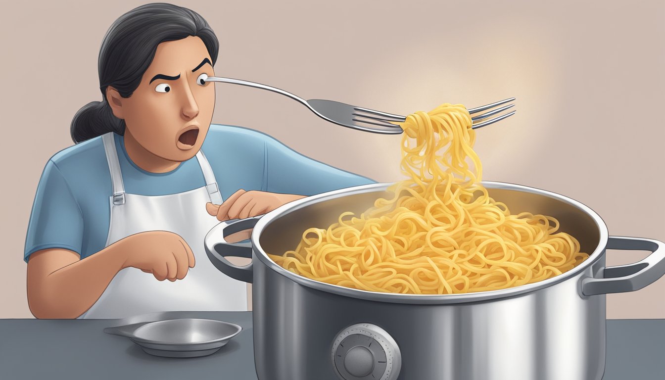 A pot of boiling Barilla pasta with a timer nearby, a fork testing the texture, and a concerned expression on a person's face