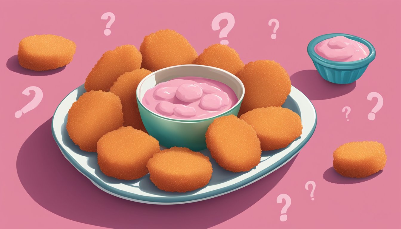 A plate of pink Perdue chicken nuggets with a question mark above it