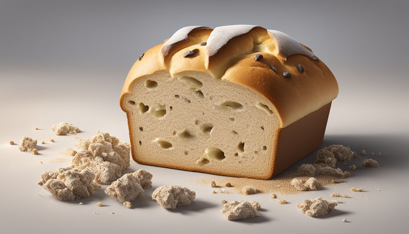 A loaf of moldy Pepperidge Farm bread sits on a kitchen counter, surrounded by crumbs and a few scattered pieces of mold