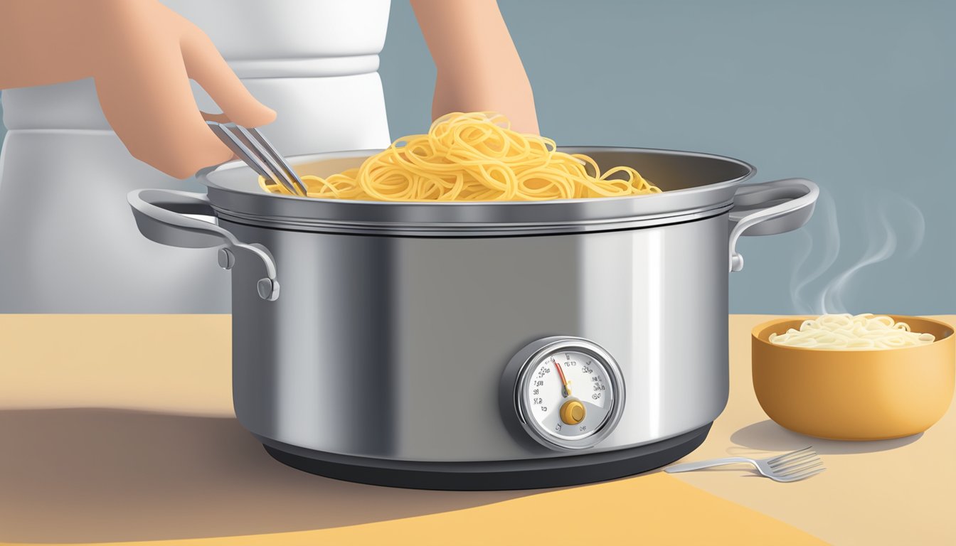 A pot of boiling water with pasta inside, a timer set, and a fork testing the pasta for doneness