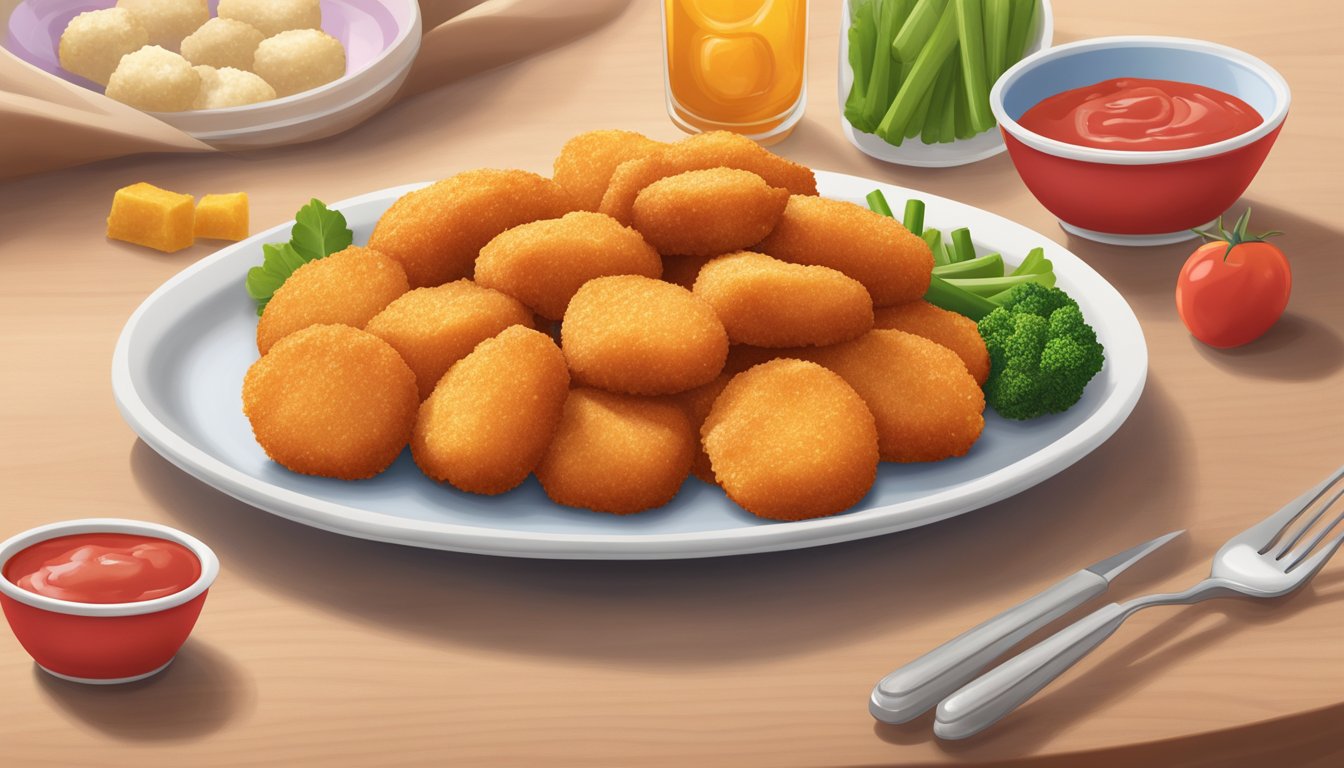 A plate of Perdue Chicken Nuggets, golden brown with a hint of pink in the center, surrounded by ketchup and a side of vegetables