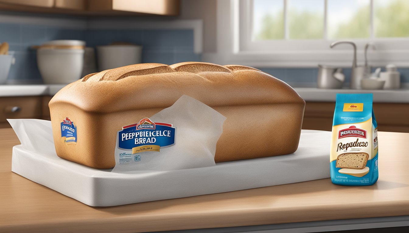 A loaf of moldy Pepperidge Farm bread sits on a kitchen counter next to a breadbox and a sealed plastic bag