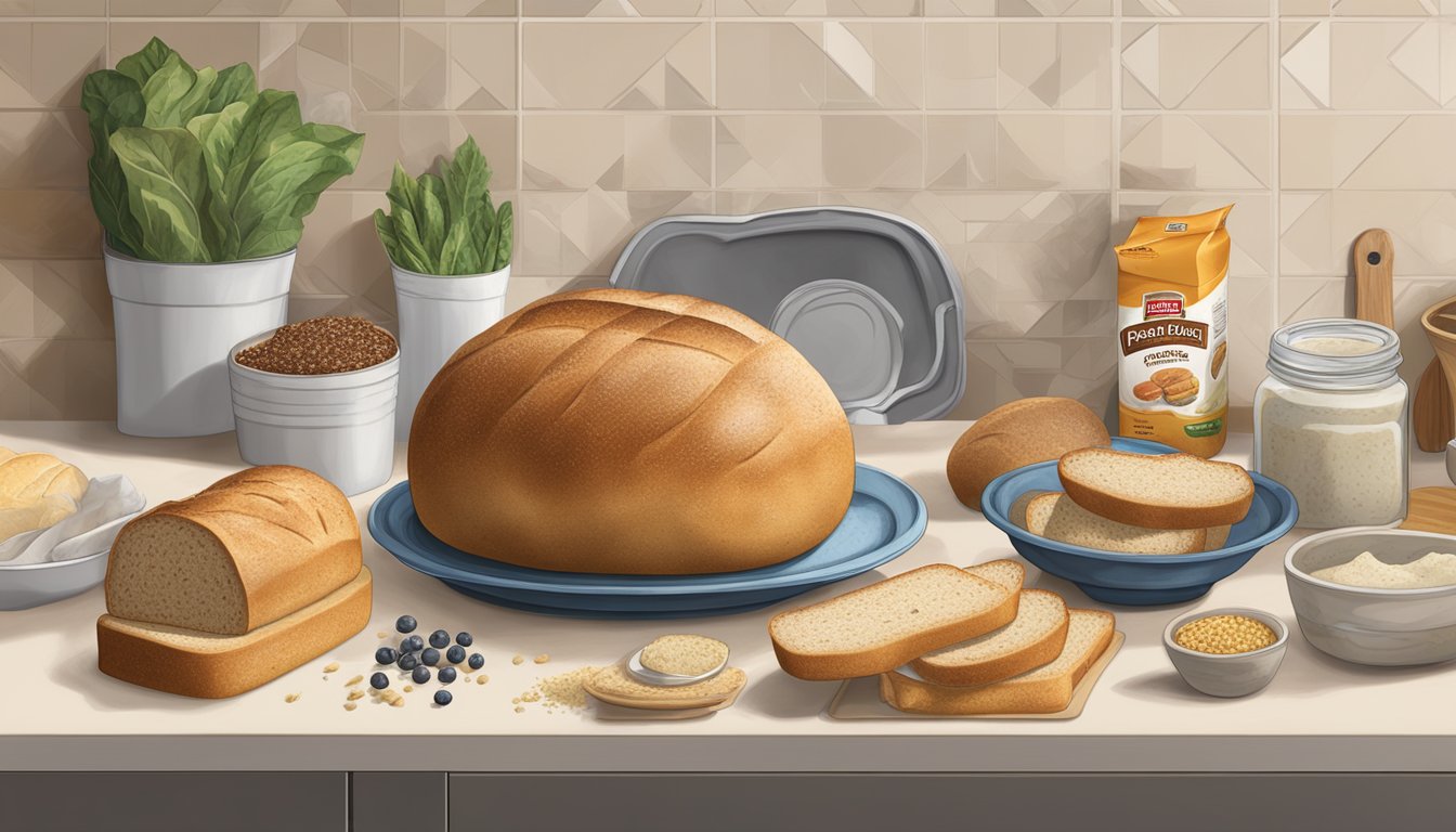 A loaf of moldy Pepperidge Farm bread sits on a kitchen counter, surrounded by other food items