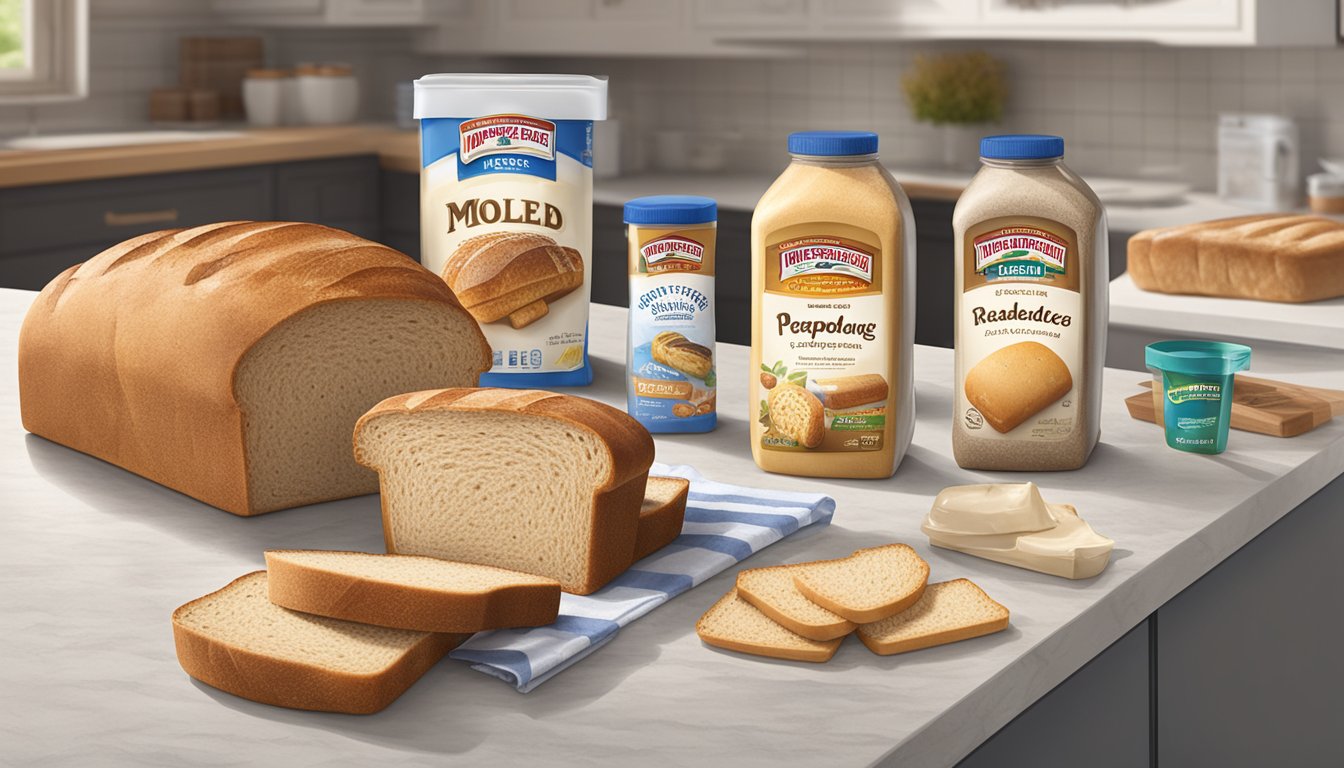 A loaf of moldy Pepperidge Farm bread sits on a kitchen counter, surrounded by other bread options