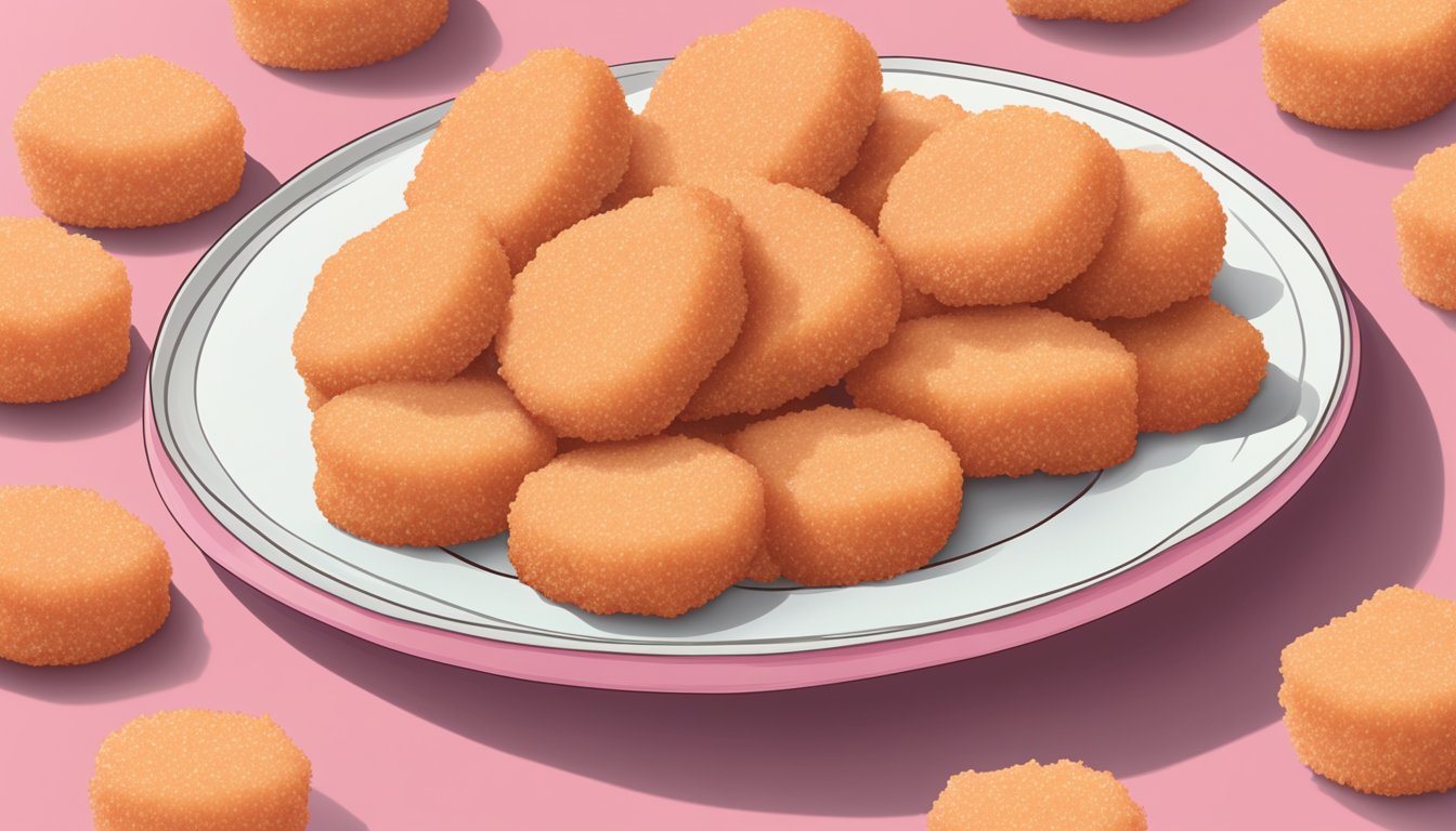 A plate of pink Perdue chicken nuggets with a question mark above it