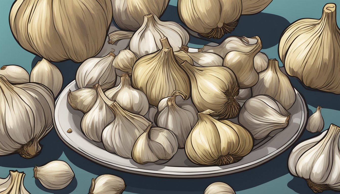 A plate of expired roasted garlic with mold growing on it, sitting next to a pile of fresh garlic bulbs