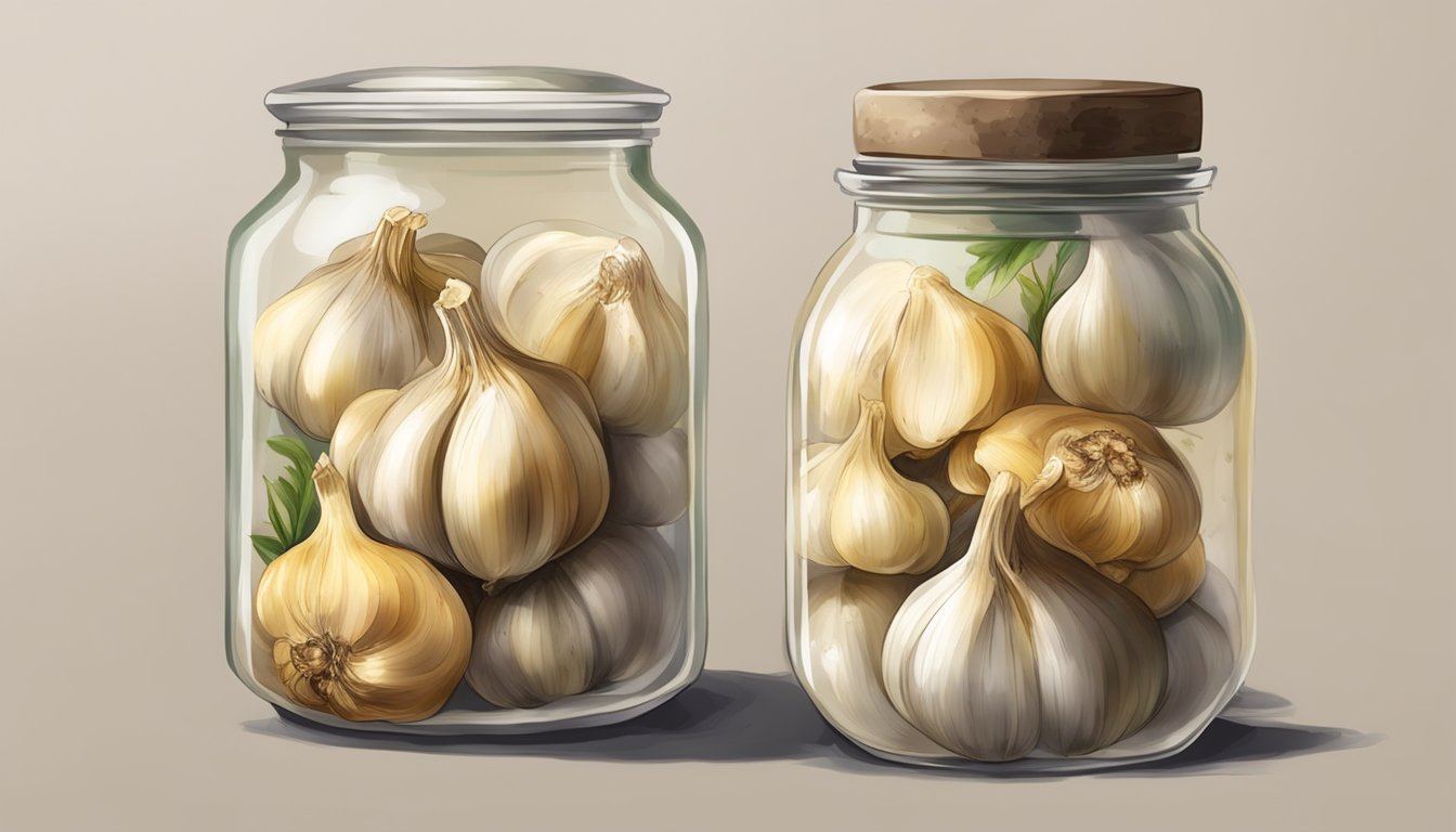 A jar of roasted garlic with moldy spots and a foul smell