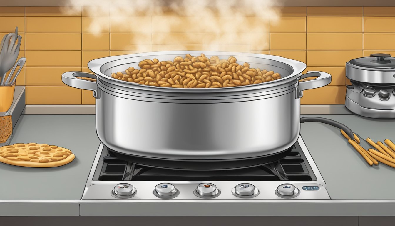 A pot of hamburger helper on a stovetop, steam rising, a thermometer inserted, reading below the safe cooking temperature