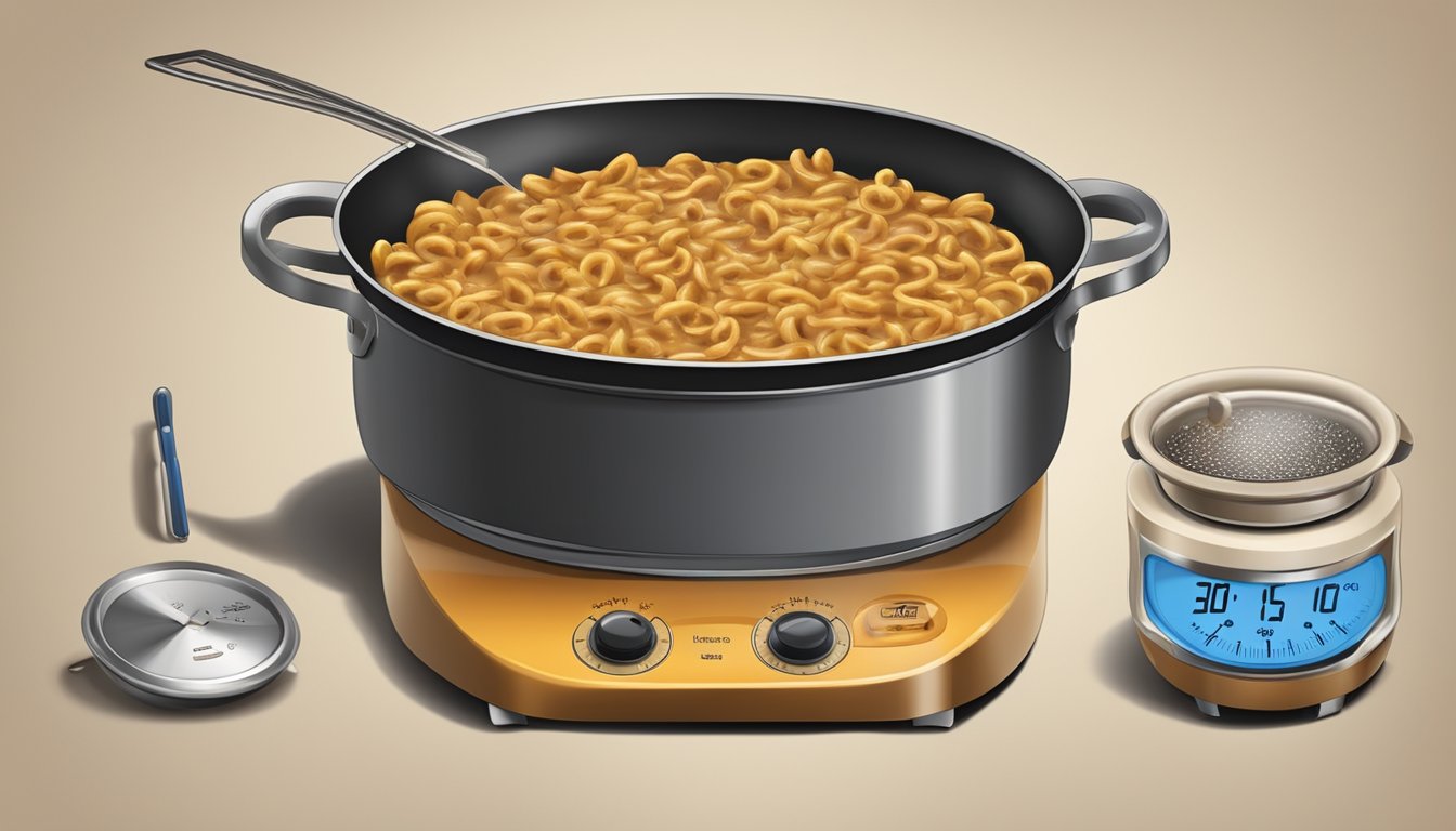 A stovetop with a pot of boiling Hamburger Helper, a meat thermometer, and a timer