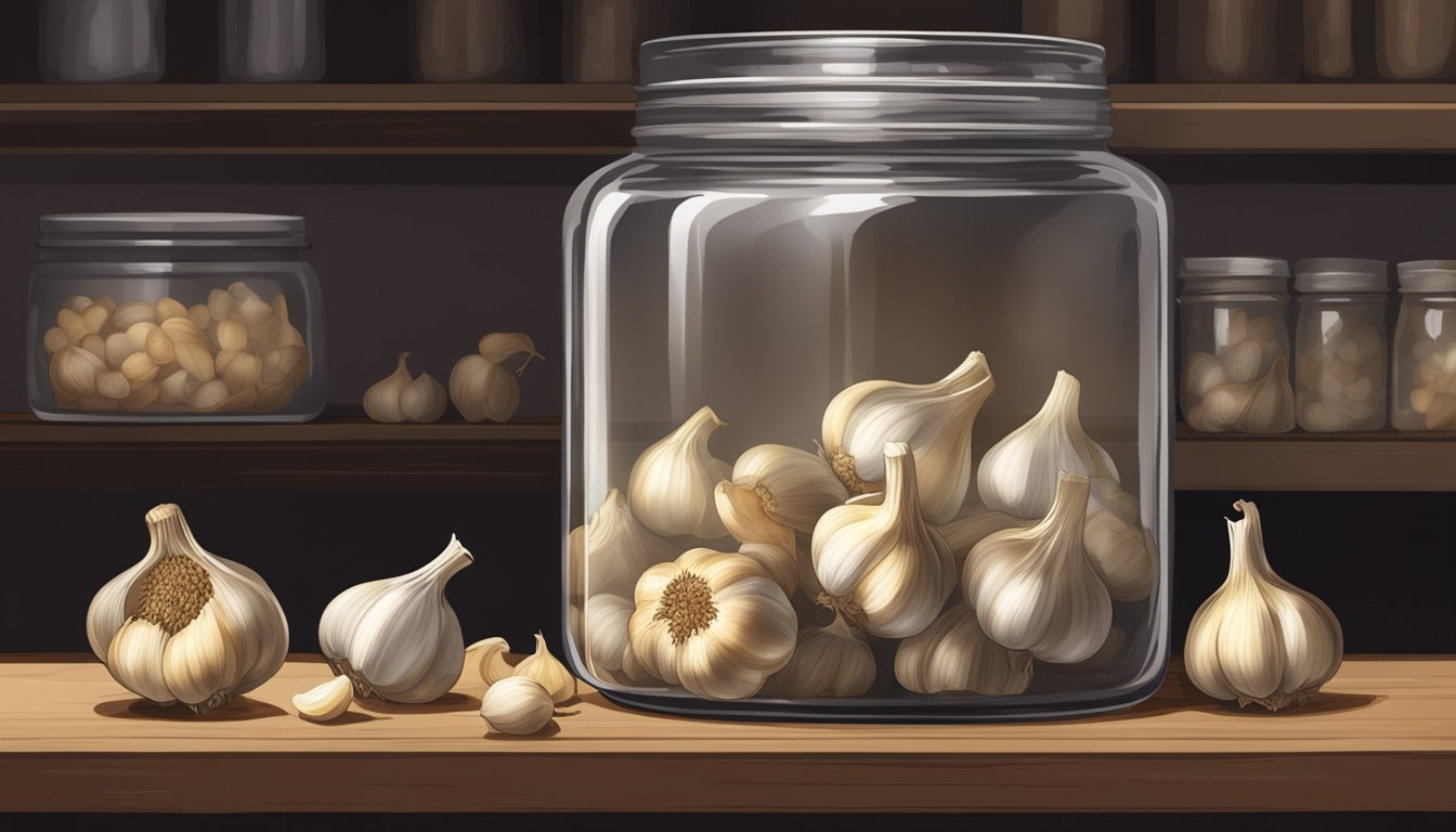 A jar of expired roasted garlic with visible mold growth on the cloves, sitting on a dusty shelf in a dimly lit pantry