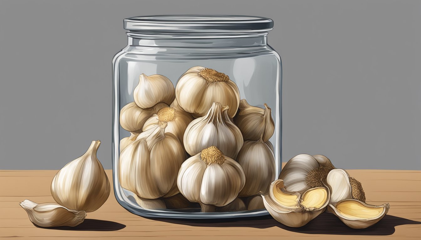 A jar of expired roasted garlic with visible mold, sitting on a kitchen counter